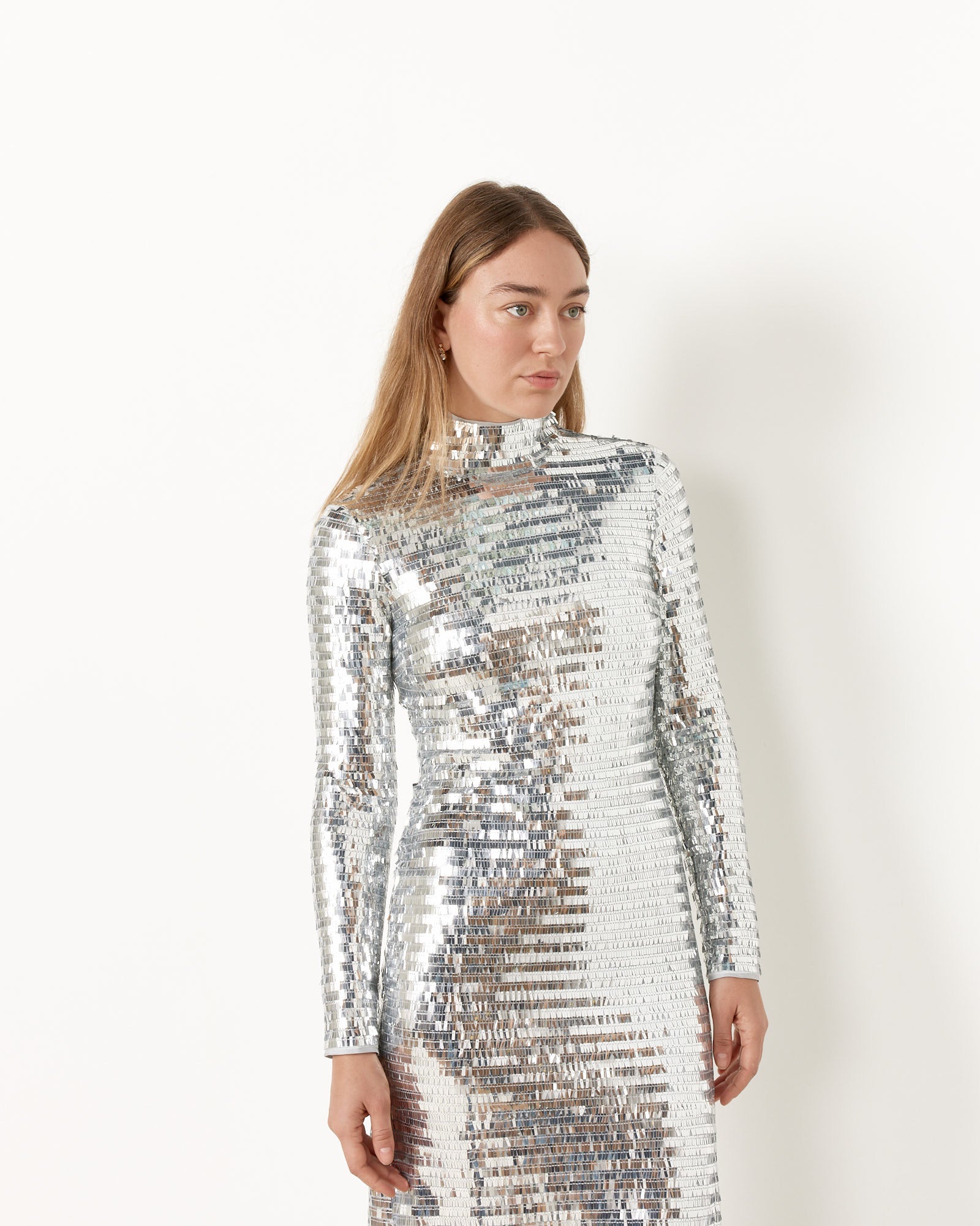silver high neck sequin dress